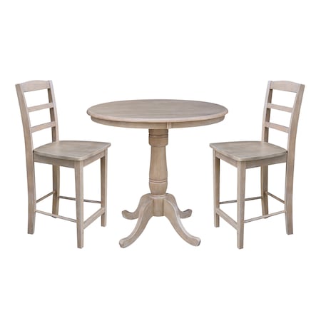 International Concepts Round 36 in Rd Ped Gathering Ht Table, 2 Counter Ht Stools, Weathered Grey, 36 in W, 36 in L, Wood K09-36RT-6B-S402-2